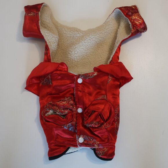 Pets Dog Costume Sherpa Lined Red Satin Floral Asian Brocade Jacket L - Picture 6 of 9